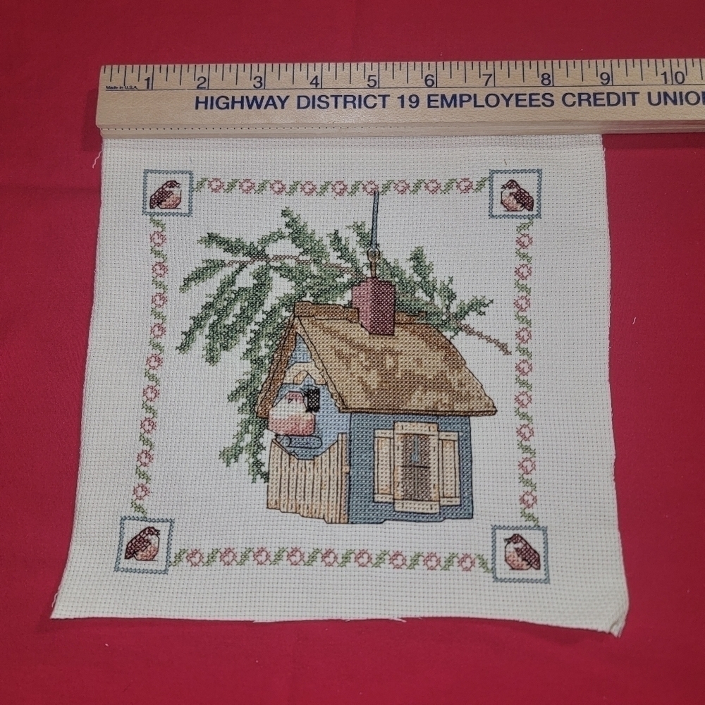 Cross-stitch birdhouse with border. Handmade. Just needs frame
